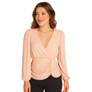 ASOS Wrap Top 4 Peach Sheer Sleeve Ruched‎ Button Detail Feminine Elegant New